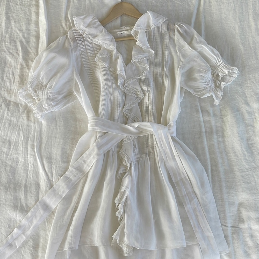 White Doen Puff Sleeve Mini Dress with Belt